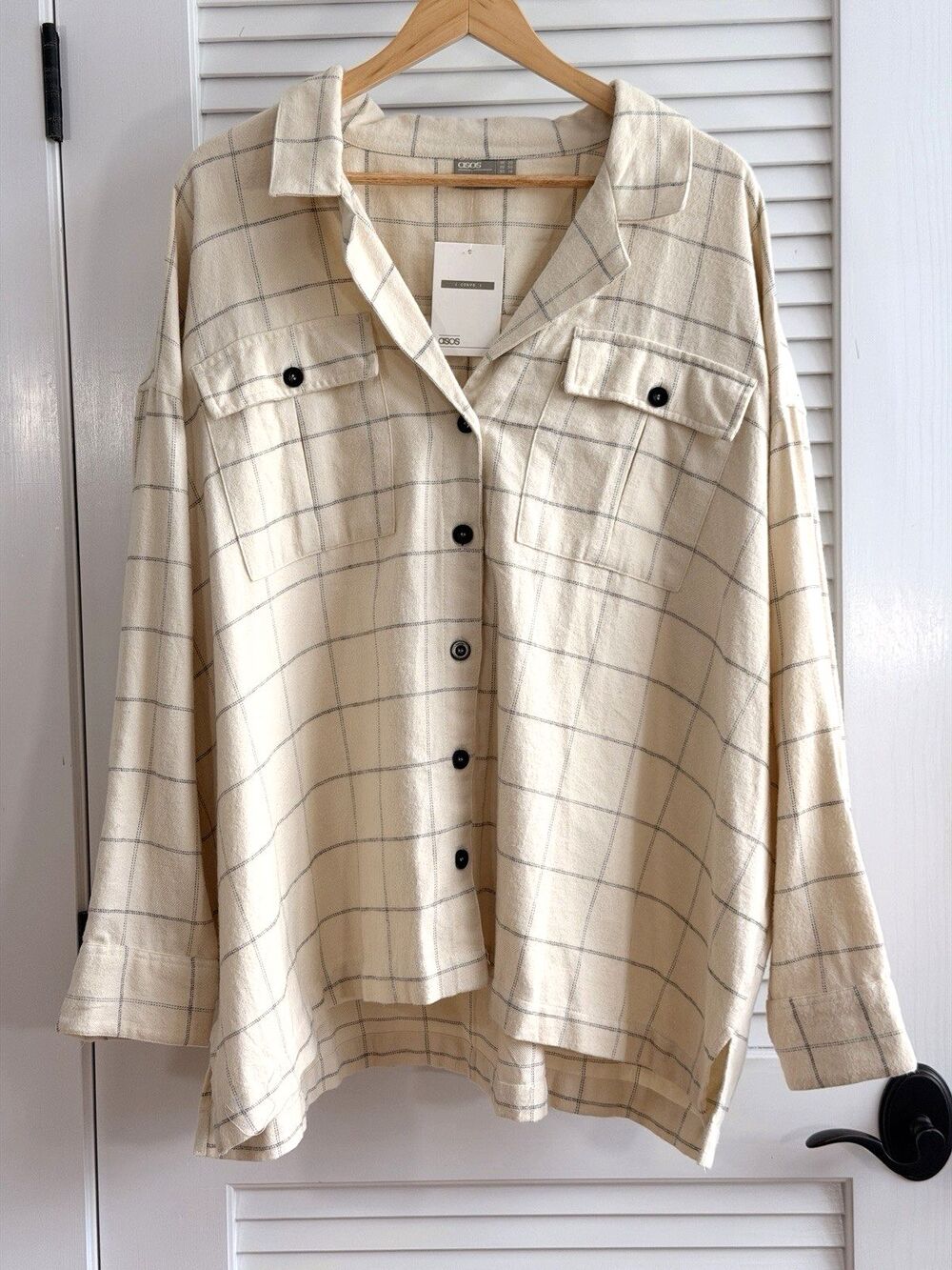 NWT ASOS Curve 18 Cream Windowpane Plaid Oversized Women's Shirt 100% Cotton